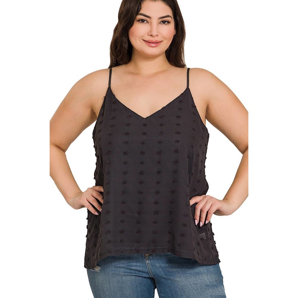 WOMEN'S PLUS SWISS DOT ADJUSTABLE STRAP V-NECK CAMI TOP ASH GREY